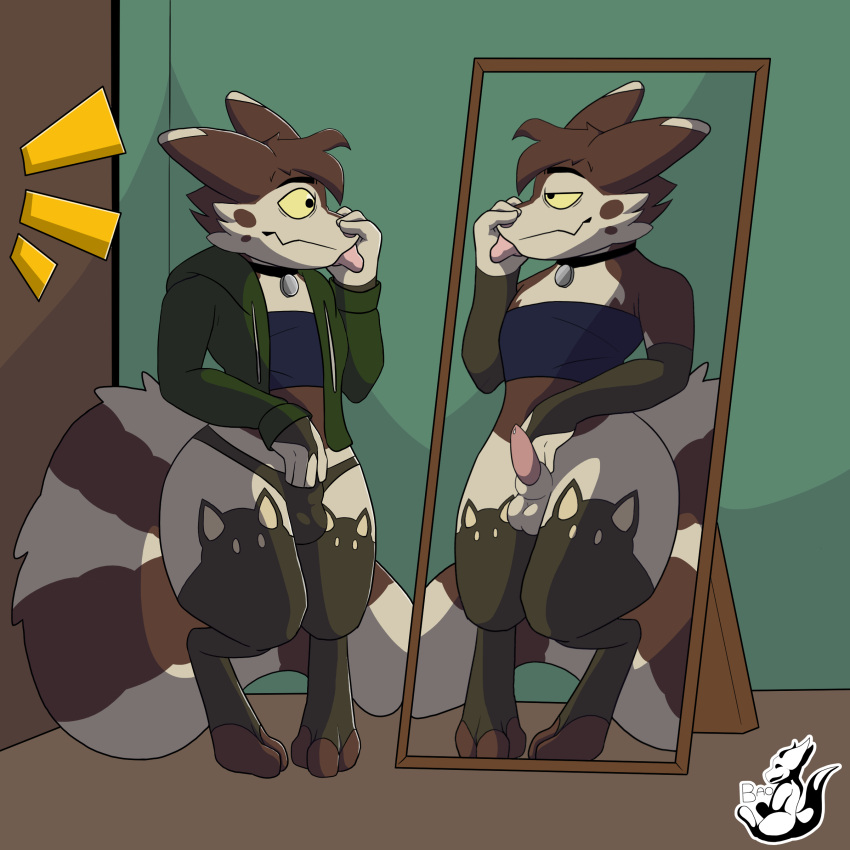 absurd_res altered_reflection alternate_costume animal_genitalia anthro arm_warmers armwear balls brown_body brown_fur bulge choker clothed clothing crossdressing embarrassed fitting_room fur furret generation_2_pokemon genitals girly hi_res jaebaobread jewelry legwear looking_at_mirror looking_at_object male mammal mirror multicolored_body multicolored_fur necklace nintendo panties penis pokemon pokemon_(species) reflection sheath solo stockings tadeo_saffron tan_body tan_fur tapering_penis topwear two_tone_body two_tone_fur two_tone_tail underwear video_games yellow_eyes