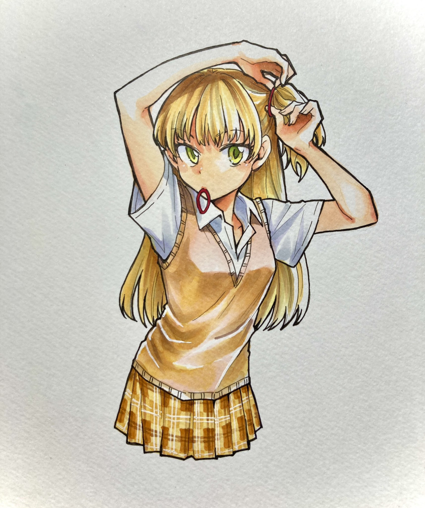 1girl adjusting_hair arms_up blonde_hair collared_shirt cropped_legs green_eyes hair_tie hair_tie_in_mouth highres idolmaster idolmaster_cinderella_girls jougasaki_rika kyouno long_hair looking_at_viewer marker_(medium) mouth_hold one_side_up open_collar photo_(medium) pleated_skirt shirt short_sleeves skirt solo sweater_vest traditional_media tying_hair