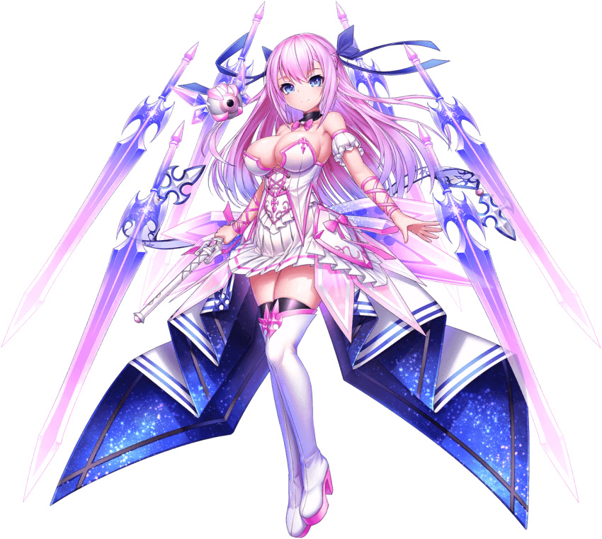 1girl aigate_(jewel_princess_reincarnation) arm_ribbon armpits bare_shoulders blue_eyes bow bowtie breasts cleavage crystal_sword detached_collar floating floating_object floating_sword floating_weapon gradient_hair hair_between_eyes hair_ribbon high_heels highres holding holding_wand jewel_princess_reincarnation large_breasts long_hair looking_at_viewer multicolored_hair official_art pink_hair ribbon smile sword thighhighs wand weapon