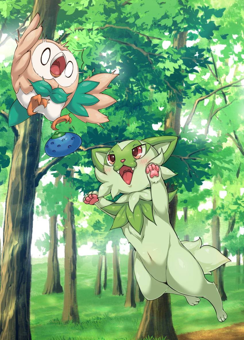 0_0 :3 ^^^ absurdres animal_focus berry_(pokemon) bird blurry blurry_background blush boingfarm commentary_request day dropping fangs flying forest full_body green_theme half-closed_eyes highres jumping korean_commentary looking_up nature navel no_humans open_mouth oran_berry outdoors pawpads pokemon pokemon_(creature) red_eyes rowlet scared sprigatito surprised tongue tree uvula white_eyes