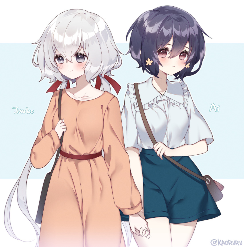 2girls bag blue_skirt blush cowboy_shot dress frilled_shirt_collar frills grey_eyes grey_hair handbag highres holding_hands interlocked_fingers kaoruru_(sakuno2911) konno_junko long_hair long_sleeves low_twintails mizuno_ai multiple_girls orange_dress shirt short_hair skirt skirt_set smile twintails white_shirt yuri zombie_land_saga