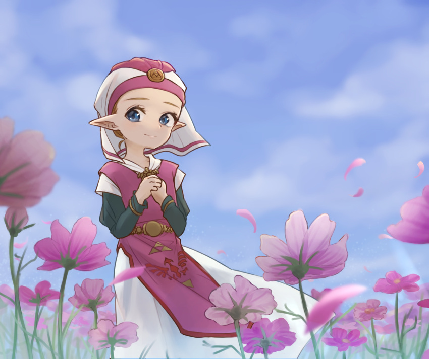 1girl blonde_hair blue_eyes blue_sky cloud cloudy_sky cosmos_(flower) dress flower headdress highres hylian_crest long_sleeves maya_(mayamayammy) pink_dress pink_flower pointy_ears princess_zelda sky smile the_legend_of_zelda the_legend_of_zelda:_ocarina_of_time triforce white_dress young_zelda