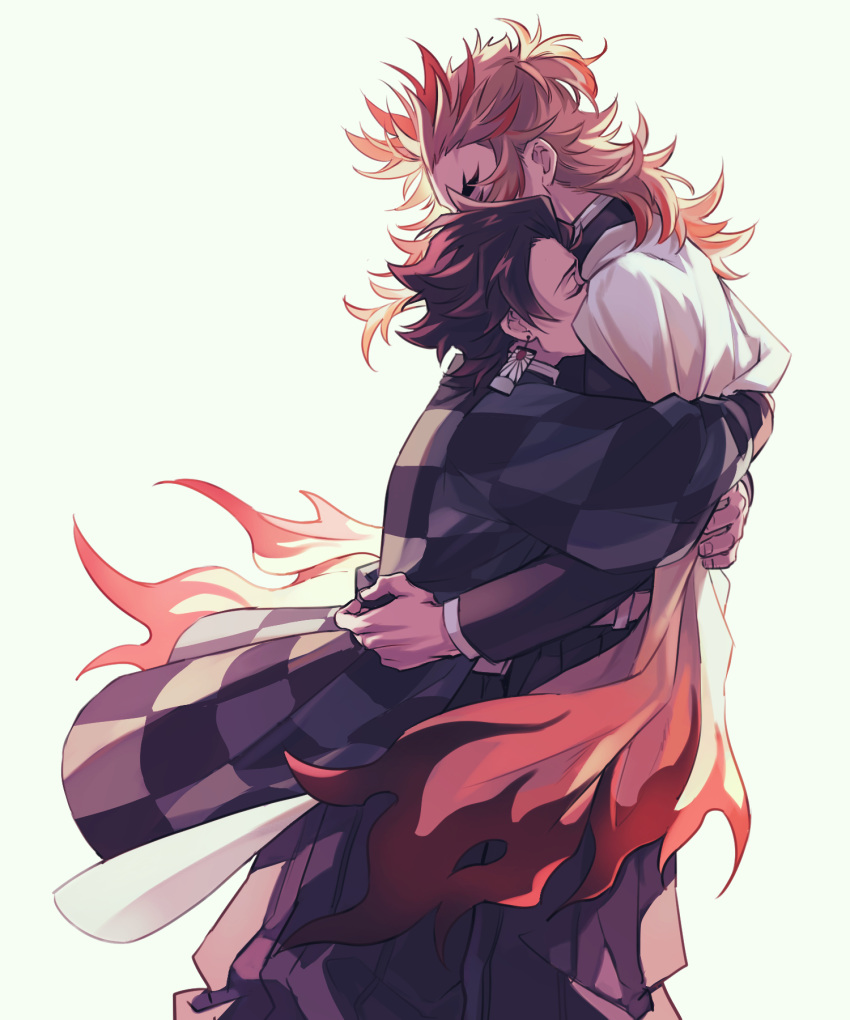 2boys belt black_pants blonde_hair brown_hair cape checkered_clothes colored_tips covered_mouth cow demon_slayer_uniform earrings flame_print forked_eyebrows from_side haori highres himishiro japanese_clothes jewelry kamado_tanjirou kimetsu_no_yaiba long_hair long_sleeves male_focus multicolored_hair multiple_boys pants pleated_pants profile red_hair rengoku_kyoujurou short_hair simple_background standing streaked_hair white_background white_cape