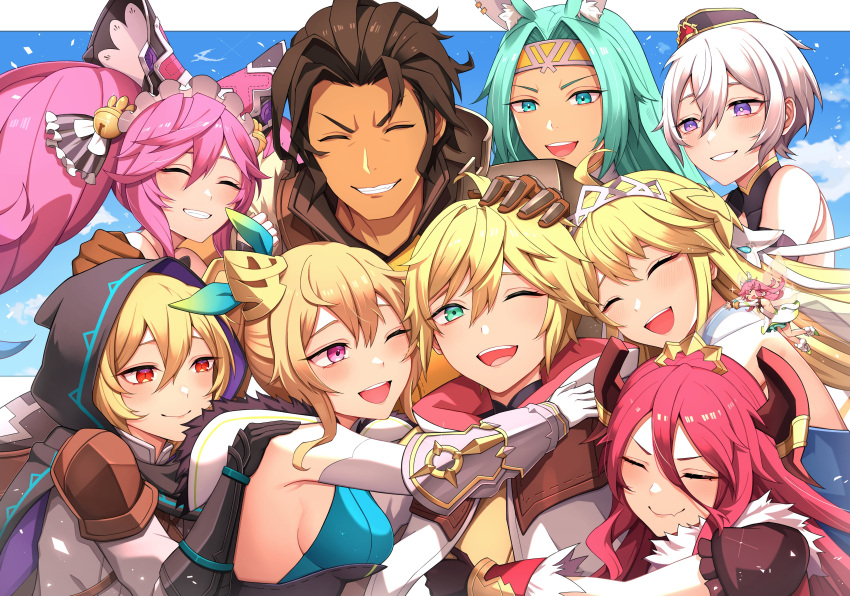 3boys 6+girls absurdres alex_(dragalia_lost) android animal_ears blonde_hair cleo_(dragalia_lost) closed_eyes dark-skinned_male dark_skin dragalia_lost dragon_girl dragon_horns elisanne euden fairy fairy_wings grey_hair group_hug highres horns hug laxi_(dragalia_lost) luca_(dragalia_lost) multiple_boys multiple_girls mym_(dragalia_lost) notte_(dragalia_lost) nurufufufu one_eye_closed open_mouth orange_hair pink_hair ponytail ranzal_(dragalia_lost) red_hair ribbon smile teeth tiara white_hair wings zethia