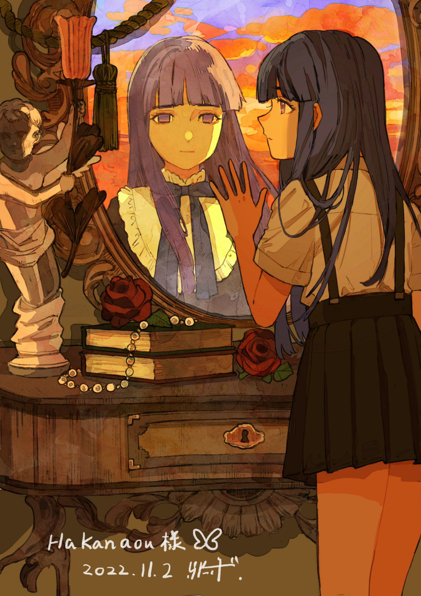 2girls bangs black_dress black_skirt blue_bow blue_hair blunt_bangs book bow closed_mouth collared_shirt dress dress_bow empty_eyes flower frederica_bernkastel frilled_dress frills furude_rika highres higurashi_no_naku_koro_ni hime_cut indoors layered_dress long_hair looking_at_another looking_at_mirror mirror multiple_girls open_mouth purple_eyes purple_hair qooo003 reflection rose shirt sidelocks skirt suspender_skirt suspenders umineko_no_naku_koro_ni white_shirt witch