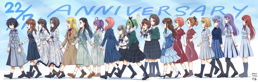 22/7 6+girls bangs black_hair blonde_hair blue_eyes braid brown_eyes brown_hair everyone flower fujima_sakura glasses hair_ornament highres hiiragi_tsubomi himuro_mizuki ichinose_hotaru kamiki_mikami kiryu_touko kouno_miyako long_hair maruyama_akane multiple_girls nagamine_kaede nishiura_sora open_mouth orihara_sumika pink_hair pizza_man purple_eyes red_eyes red_hair saitou_nicole satou_reika school_uniform sera_honoka short_hair side_ponytail skirt smile tachikawa_ayaka takigawa_miu toda_jun toujou_yuuki yagami_toa