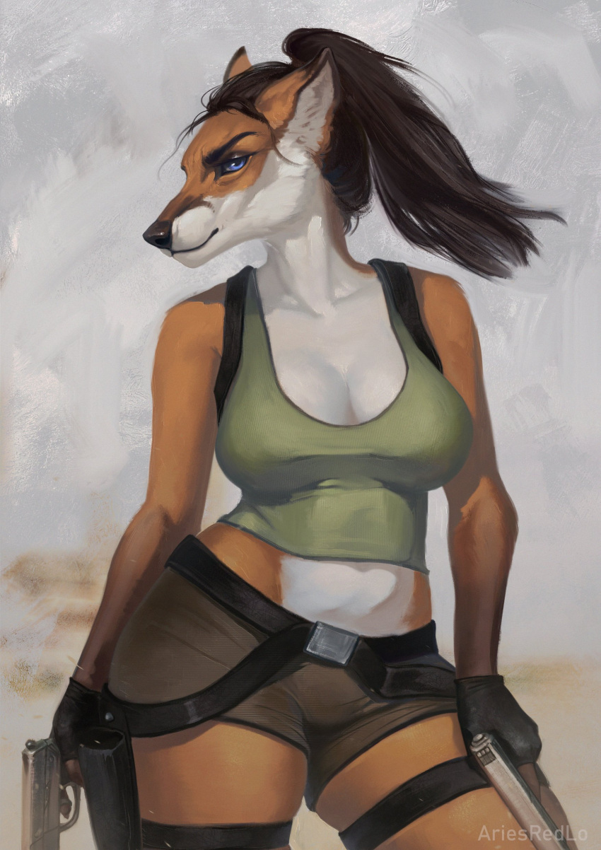 2022 absurd_res anthro ariesredlo black_nose blue_eyes bottomwear breasts brown_hair canid canine clothed clothing digital_media_(artwork) digital_painting_(artwork) eyebrows eyelashes female fox gun hair handgun hi_res holding_gun holding_handgun holding_object holding_pistol holding_weapon hotpants lara_croft looking_at_viewer mammal pistol ponytail ranged_weapon shorts smile solo tomb_raider weapon