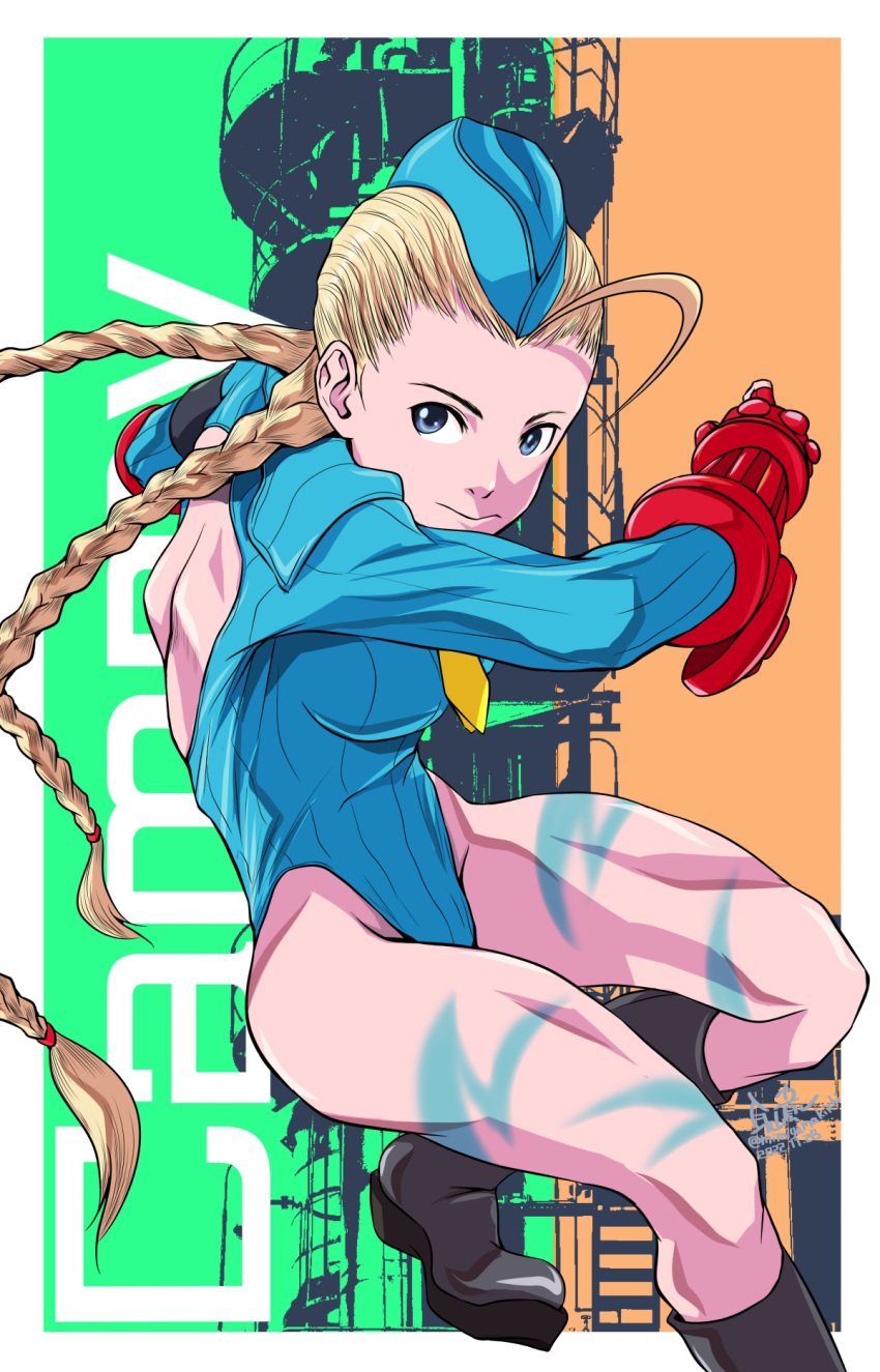 1girl ahoge backless_outfit black_footwear blonde_hair blue_eyes blue_headwear blue_leotard bodypaint braid cammy_white character_doll commentary_request full_body garrison_cap gloves hat highleg highleg_leotard highres leotard lightning_bolt_symbol long_hair looking_at_viewer low_twintails mimiyama_kiichi red_gloves ribbed_leotard solo street_fighter street_fighter_zero_(series) twin_braids twintails