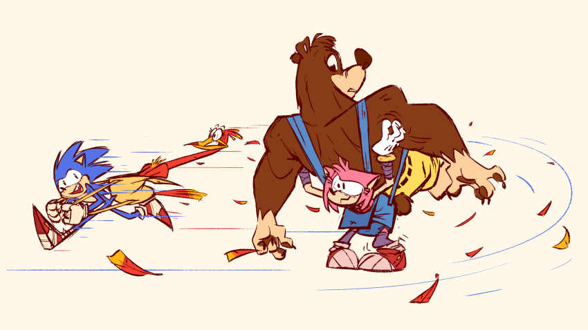 2022 amy_rose anthro avian backpack banjo-kazooie banjo_(banjo-kazooie) breegull brown_body brown_fur carrying claws clothed clothing crossover eulipotyphlan feathers female fluttershythekind fur gloves group handwear hedgehog hi_res humor kazooie male mammal rareware red_body red_feathers running sega sonic_the_hedgehog sonic_the_hedgehog_(series) ursid video_games