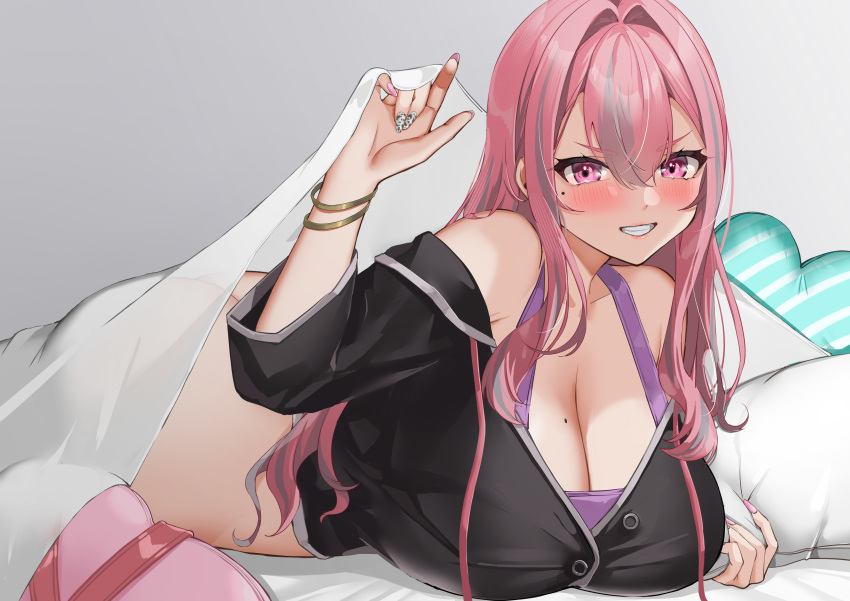 1girl absurdres ass azur_lane bangs bare_shoulders black_jacket blush bottomless bra bracelet breasts bremerton_(azur_lane) bremerton_(relaxation_consultation)_(azur_lane) cleavage clenched_teeth collarbone fingernails gold_bracelet hair_between_eyes hair_down hair_intakes heart heart_pillow highres huge_breasts jacket jewelry lips long_fingernails long_hair long_sleeves looking_at_viewer lying marumai mole mole_on_breast mole_under_eye multicolored_hair nail_art nail_polish on_stomach pillow pink_eyes pink_nails purple_bra red_hair smile solo streaked_hair teeth two-tone_hair under_covers underwear v-shaped_eyebrows white_nails