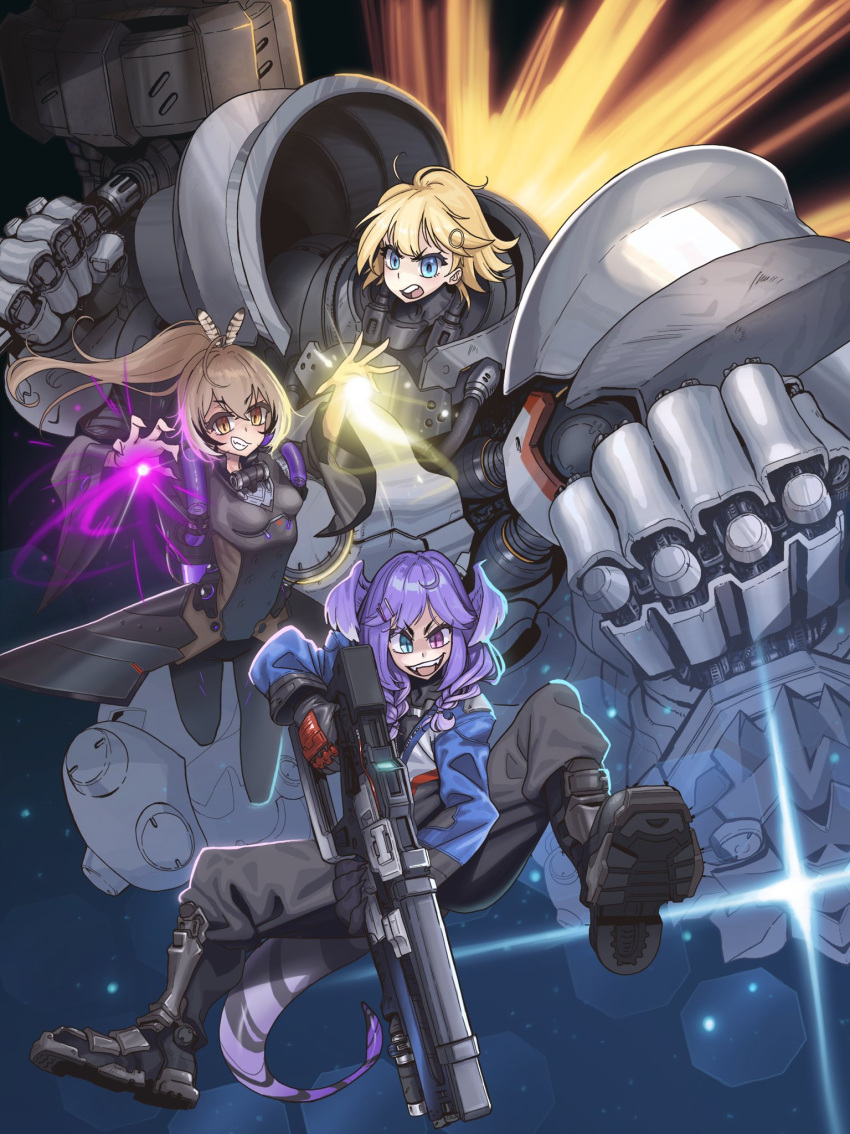 3girls ahoge bangs blonde_hair blue_eyes boots brown_eyes brown_hair cosplay feather_hair_ornament feathers gloves gun hair_ornament head_wings heterochromia highres holding holding_weapon hololive hololive_english jacket long_hair moira_(overwatch) moira_(overwatch)_(cosplay) multicolored_hair multiple_girls nanashi_mumei nijisanji nijisanji_en overwatch ponytail power_armor purple_eyes purple_hair reinhardt_(overwatch) reinhardt_(overwatch)_(cosplay) selen_tatsuki smile soldier:_76_(overwatch) soldier:_76_(overwatch)_(cosplay) streaked_hair virtual_youtuber watson_amelia weapon zedd_(zedgawr)