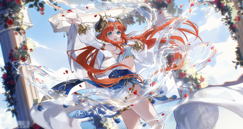 1girl :d absurdres arm_up armpits bangs blue_skirt blue_sky bracer brooch chinese_commentary circlet cloud commentary_request cowboy_shot crop_top dancer dancing detached_sleeves dutch_angle fake_horns falling_petals floating_hair flower genshin_impact gold_trim green_eyes harem_outfit highres horns hydrokinesis jewelry long_hair long_sleeves looking_at_viewer low_twintails midriff neck_ring nilou_(genshin_impact) open_mouth outdoors parted_bangs petals pillar plant puffy_long_sleeves puffy_sleeves red_flower red_hair red_rose rose rose_petals skirt sky smile solo tassel thighlet thighs twintails veil vines vision_(genshin_impact) water white_headwear xian_yu_zi
