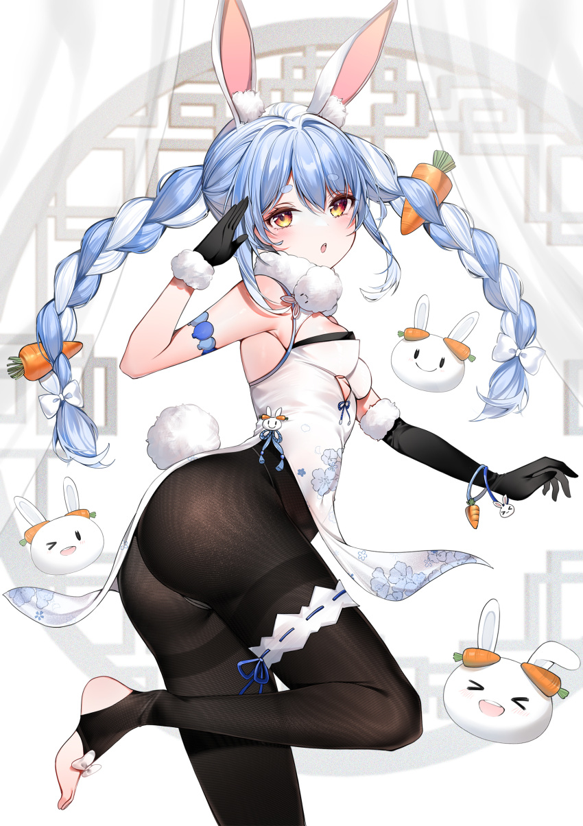 &gt;_&lt; 1girl :d ;d absurdres animal_ear_fluff animal_ears asymmetrical_gloves black_gloves black_pantyhose blue_hair blush braid breasts carrot_hair_ornament china_dress chinese_clothes don-chan_(usada_pekora) dress elbow_gloves floral_print food-themed_hair_ornament gloves hair_between_eyes hair_ornament highres hololive looking_at_viewer multicolored_hair no_shoes nousagi_(usada_pekora) one_eye_closed pantyhose rabbit_ears short_eyebrows single_elbow_glove sleeveless sleeveless_dress small_breasts smile solo standing standing_on_one_leg stirrup_legwear thick_eyebrows thighband_pantyhose toeless_legwear twin_braids twintails two-tone_hair uneven_gloves usada_pekora white_dress white_hair xd yukineko1018