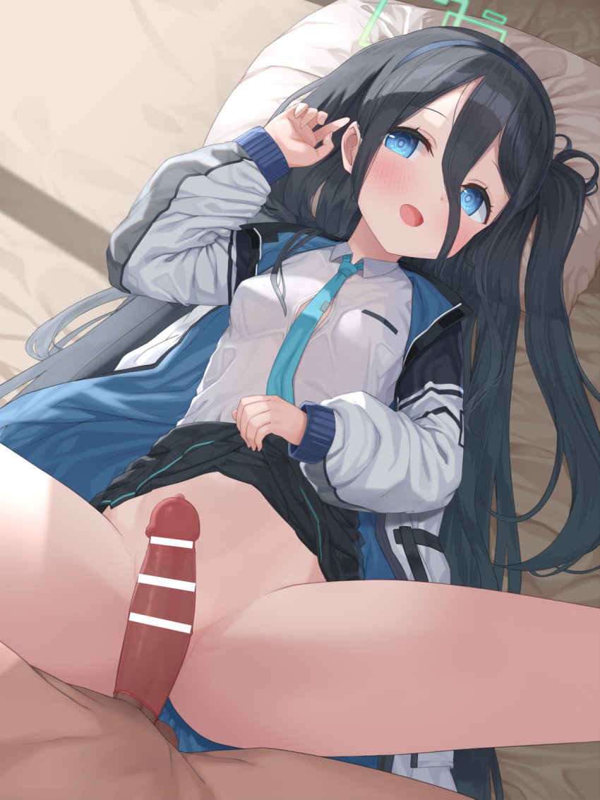 1boy 1girl aris_(blue_archive) bangs bar_censor bed bed_sheet black_hair black_skirt blue_archive blue_eyes blue_hairband blush censored clothes_lift condom condom_on_penis erection fujieda_uzuki hair_between_eyes hairband hetero highres imminent_penetration jacket lifted_by_self long_hair long_sleeves looking_at_viewer lying necktie no_panties on_back on_bed open_clothes open_mouth paid_reward_available penis pillow pleated_skirt pov shirt skirt skirt_lift smile solo_focus very_long_hair