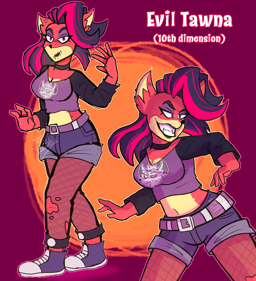 absurd_res activision anthro bandicoot clothed clothing crash_bandicoot_(series) ear_piercing evil_grin evil_tawna fangs female fishnet fishnet_legwear footwear hair hi_res legwear looking_at_viewer looking_back mammal marsupial multicolored_hair piercing punk shoes smile sneakers solo tawna_bandicoot torn_clothing two_tone_hair video_games