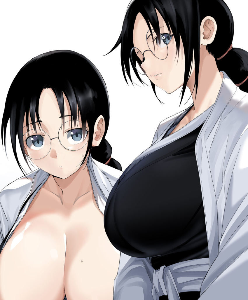 1girl black_hair black_kimono bleach bleach:_the_thousand-year_blood_war breasts chicke_iii cleavage commentary_request cropped_torso from_side glasses grey_eyes hair_tie haori highres japanese_clothes katori_batsuunsai kimono large_breasts long_hair long_sleeves looking_at_viewer low_ponytail multi-tied_hair nose_pads open_clothes parted_lips ponytail profile round_eyewear sash semi-rimless_eyewear sidelocks sideways_glance simple_background solo sweat taichou_haori upper_body white_background white_sash