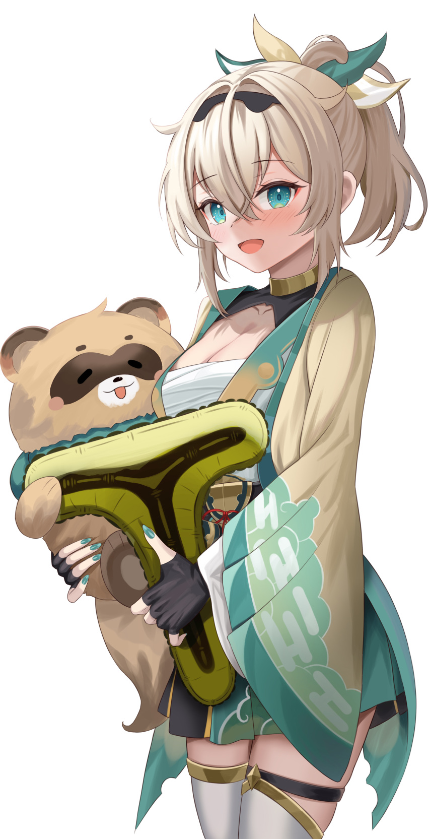 :d absurdres balloon bangs black_gloves blonde_hair blush breasts chest_sarashi choker cleavage collarbone cowboy_shot crossed_bangs dubeaduver fingerless_gloves gloves green_eyes green_nails green_skirt hair_ornament highres holding holding_balloon holding_stuffed_toy hololive holox japanese_clothes kazama_iroha kimono looking_at_viewer medium_hair open_clothes open_kimono open_mouth pleated_skirt ponytail sarashi simple_background skirt smile standing stuffed_animal stuffed_toy thighhighs white_background white_thighhighs wide_sleeves yellow_choker