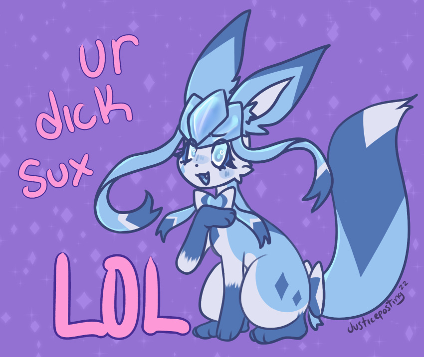 blue_body blue_ears blue_eyes blue_fur blue_paws dialogue eeveelution female feral fur fusion generation_4_pokemon generation_6_pokemon glaceon hi_res insult insulting_viewer justiceposting meme nintendo pok&eacute;mon_fusion pokemon pokemon_(species) solo sylveon text video_games