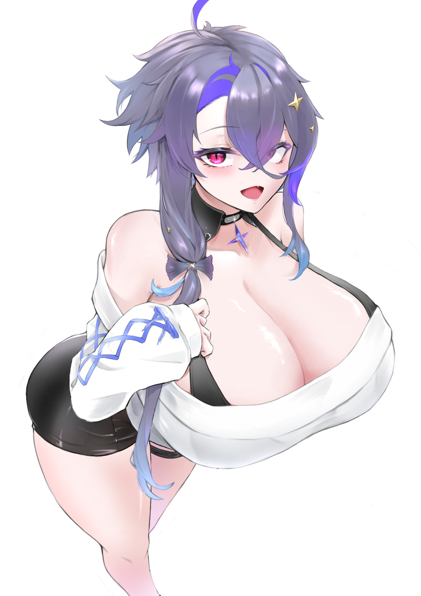 1girl absurdres alternate_breast_size azur_lane bangs breasts commission cropped_sweater cross_hair_ornament crossed_bangs eyes_visible_through_hair foch_(azur_lane) foch_(rainbow_rendezvous)_(azur_lane) from_above gigantic_breasts hair_ornament highres latex_shorts leaning_forward long_hair looking_at_viewer looking_up majinno multicolored_hair off-shoulder_sweater off_shoulder official_alternate_costume open_mouth purple_hair red_eyes simple_background skeb_commission slit_pupils solo streaked_hair sweater two-tone_hair white_background white_sweater
