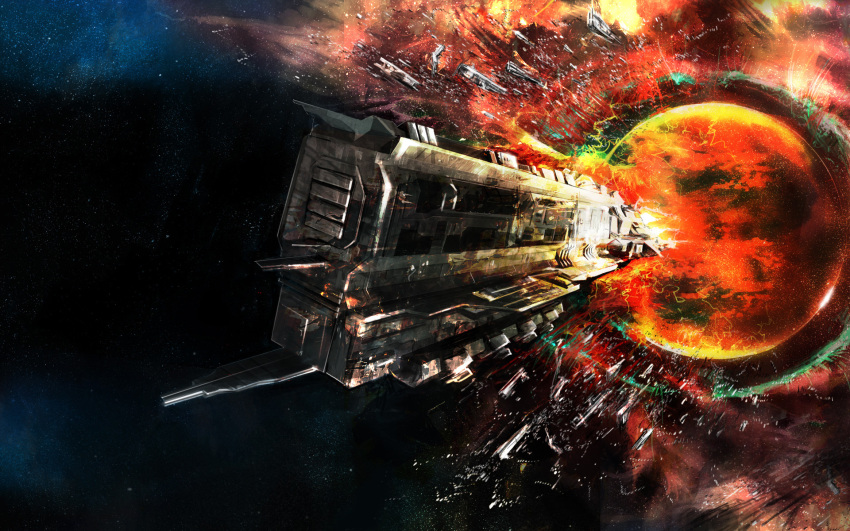 battleship_(eve_online) caldari_state_(eve_online) commentary energy eve_online fleet flying glowing haemoncul highres military military_vehicle no_humans original outdoors science_fiction sky spacecraft star_(sky) starry_sky vehicle_focus