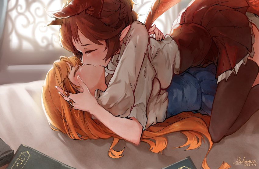 2girls anne_(shingeki_no_bahamut) balsamico_su blush brown_hair closed_eyes commentary_request copyright_request dated dragon_horns dragon_tail grea_(shingeki_no_bahamut) hand_in_another's_hair highres horns kiss manaria_friends multiple_girls orange_hair pointy_ears shingeki_no_bahamut signature tail yuri