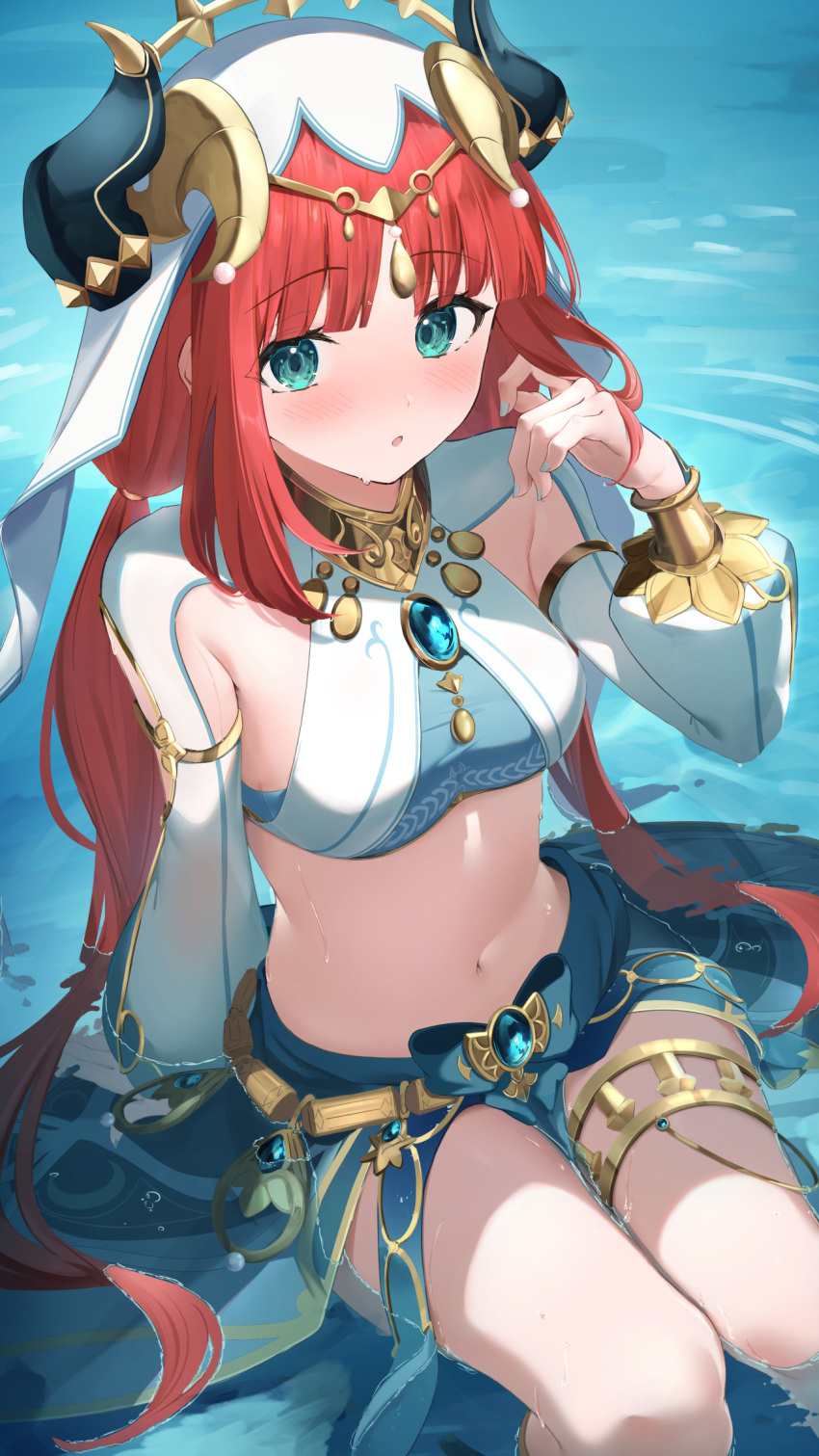 1girl aqua_eyes arm_support bangs blue_skirt blush breasts commentary_request crop_top fake_horns genshin_impact highres horns long_hair long_sleeves looking_at_viewer medium_breasts midriff navel nilou_(genshin_impact) nokke_o parted_lips red_hair sitting skirt solo stomach thighlet thighs veil very_long_hair water
