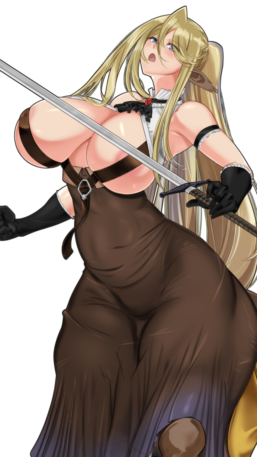 1girl :o alternate_costume animal_ears arm_strap armpits ascot bangs bare_shoulders belt black_ascot black_gloves blonde_hair blue_eyes breasts brown_belt brown_skirt centaur centorea_shianus chest_belt cleavage commentary_request cowboy_shot elbow_gloves gloves hair_between_eyes high-waist_skirt highres holding holding_sword holding_weapon horse_ears imaani large_breasts long_hair long_skirt looking_at_viewer monster_girl monster_musume_no_iru_nichijou multiple_legs open_clothes open_mouth open_shirt pointy_ears ponytail shirt sidelocks simple_background skirt sleeveless sleeveless_shirt solo standing sword taur very_long_hair weapon white_background