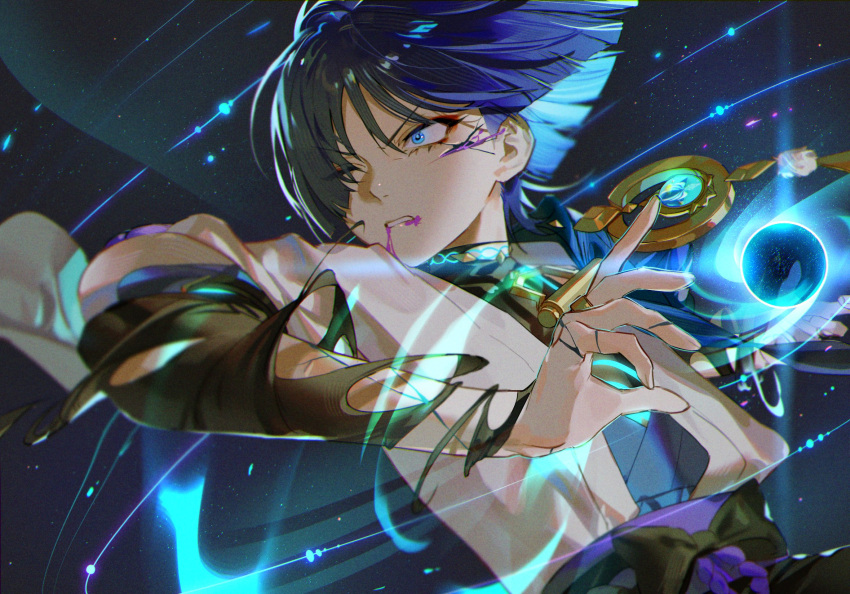 1boy arm_armor arm_up bangs belt black_belt black_bow black_hair black_shirt black_shorts blood blood_from_mouth blue_background blue_eyes blue_gemstone blue_hair blue_vest blunt_ends bow closed_mouth commentary_request gem genshin_impact gold gradient gradient_background grey_vest hair_between_eyes hand_up highres jewelry leaf light looking_to_the_side magic male_focus mandarin_collar multicolored_hair necklace no_headwear o0oherb official_alternate_costume one_eye_closed open_clothes open_vest pink_blood pom_pom_(clothes) purple_background purple_belt purple_hair ring scaramouche_(genshin_impact) shirt short_hair short_sleeves shorts sleeveless sleeveless_shirt solo standing teeth two-tone_vest v-shaped_eyebrows vest vision_(genshin_impact) wanderer_(genshin_impact)