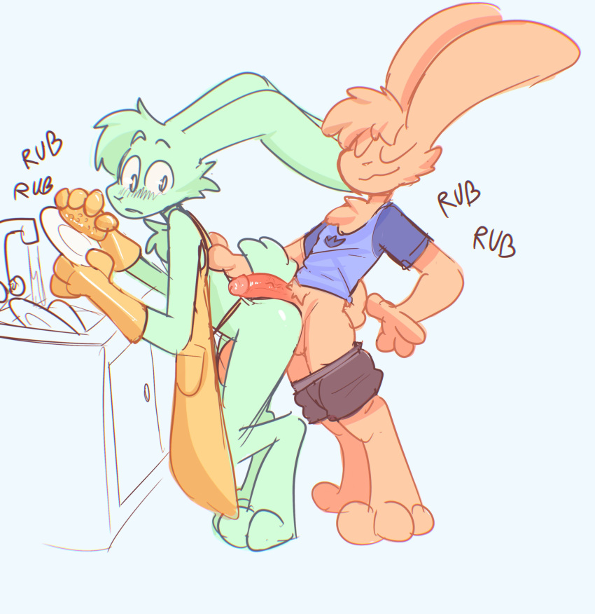 absurd_res anthro apron balls blush blush_lines bottomwear bottomwear_down butt cheek_tuft chest_tuft clothed clothing dishes duo erection eyes_closed facial_tuft fur genitals gloves green_body green_fur handwear hi_res hot_dogging humanoid_genitalia humanoid_penis lagomorph latex_gloves leporid looking_back male male/male mammal orange_body orange_fur pants pants_around_thighs pants_down partially_clothed penis rabbit shirt shorts simple_background smile t-shirt the_xing1 topwear tuft vein veiny_penis washing_dishes white_background wide_eyed