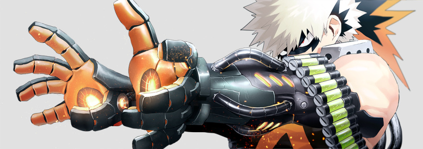 1boy abaraya aiming alternate_universe bakugou_katsuki bangs bare_shoulders black_mask blonde_hair blurry blurry_background boku_no_hero_academia container depth_of_field embers eye_mask glowing grey_background hair_between_eyes headgear imminent_explosion joints liquid looking_ahead looking_to_the_side male_focus mechanical_arms open_hand outstretched_arms outstretched_hand prosthesis prosthetic_arm red_eyes robot_joints sanpaku science_fiction scratches shiny simple_background sleeveless solo spiked_hair tube upper_body