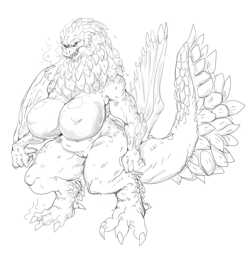 2022 absurd_res anthro anthrofied bazelgeuse big_breasts black_and_white breasts capcom curvy_figure dragon female flying_wyvern genitals hi_res huge_breasts mhdrawin monochrome monster_hunter muscular muscular_female non-mammal_breasts nude pussy scales scalie sketch solo video_games voluptuous