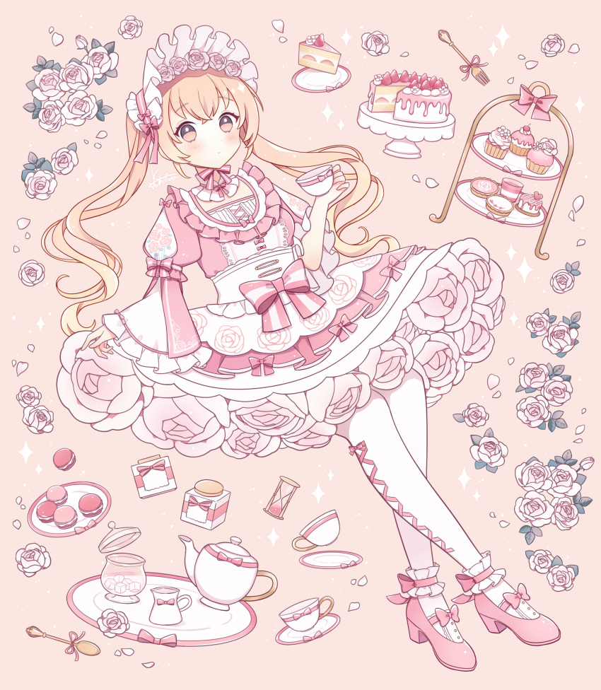 1girl absurdres asymmetrical_sleeves bow cake cake_slice center_frills cup cupcake dress flower food footwear_ribbon frilled_dress frilled_socks frills fruit high_heels highres hourglass lolita_fashion macaron mismatched_sleeves original pastel_colors pink_background pink_bow pink_dress pink_flower pink_footwear pink_rose pink_theme plate rose saucer short_sleeves socks solo star_furu strawberry teacup teapot twintails two-tone_bow white_bow white_dress white_flower white_rose white_socks wide_sleeves