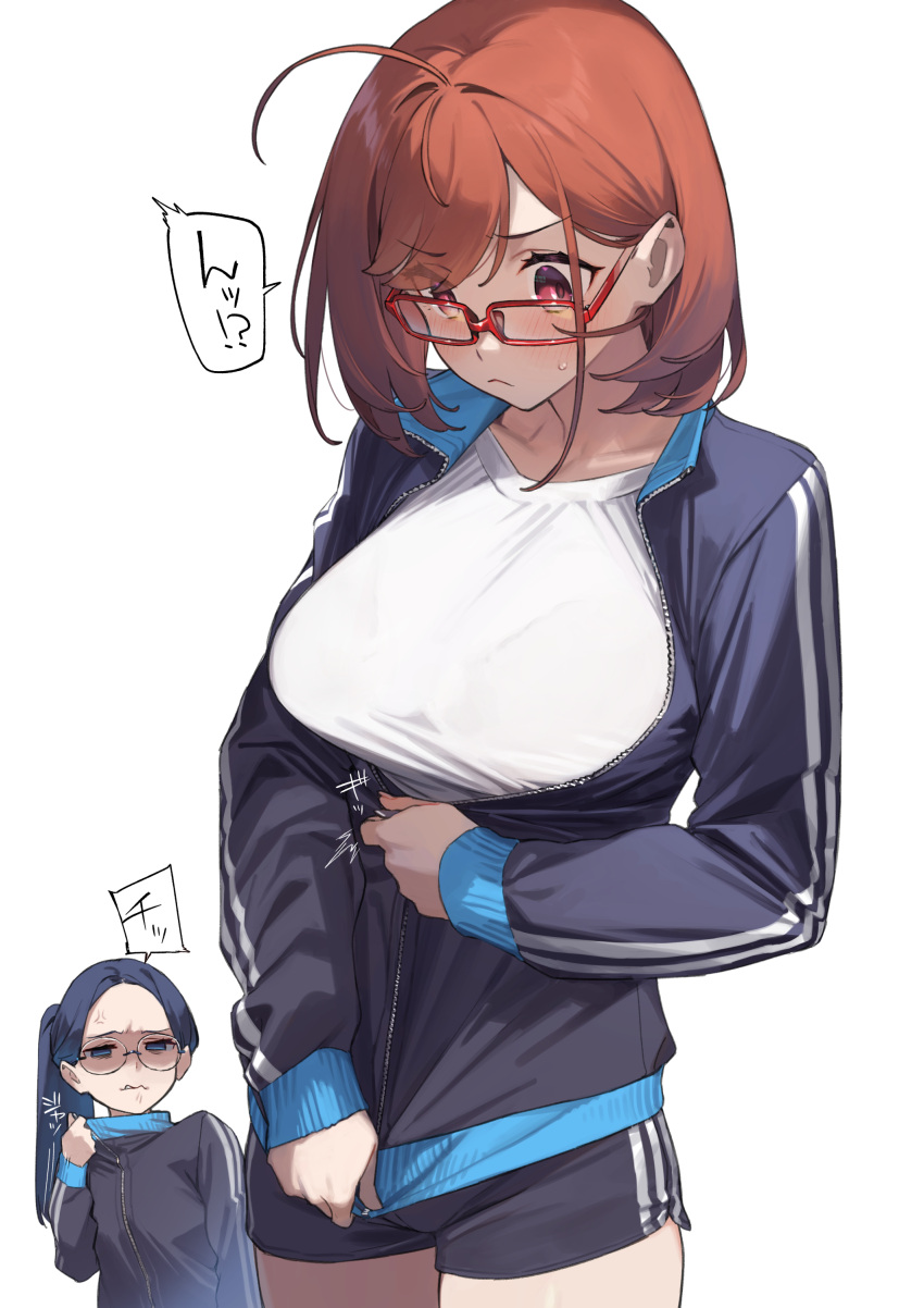 2girls 92m absurdres ahoge black_jacket black_shorts blue_eyes blue_hair blush bra_visible_through_clothes bralines breast_envy breasts closed_mouth commentary_request dateko glasses highres jacket kinshi_no_ane large_breasts long_hair looking_at_another multiple_girls original ponytail red-framed_eyewear red_eyes red_hair round_eyewear shirt short_hair shorts simple_background track_jacket translated white_background white_shirt zipper