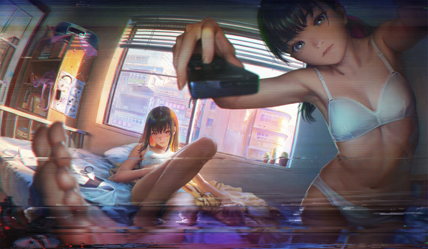 2girls barefoot bed black_hair bra breasts chainsaw_man cleavage clothes_removed controller cross_scar dual_persona highres holding holding_remote_control indoors looking_at_viewer mitaka_asa multiple_girls namako_mikan panties perspective remote_control scar scar_on_face toes underwear vhs_artifacts white_bra white_panties window yoru_(chainsaw_man)