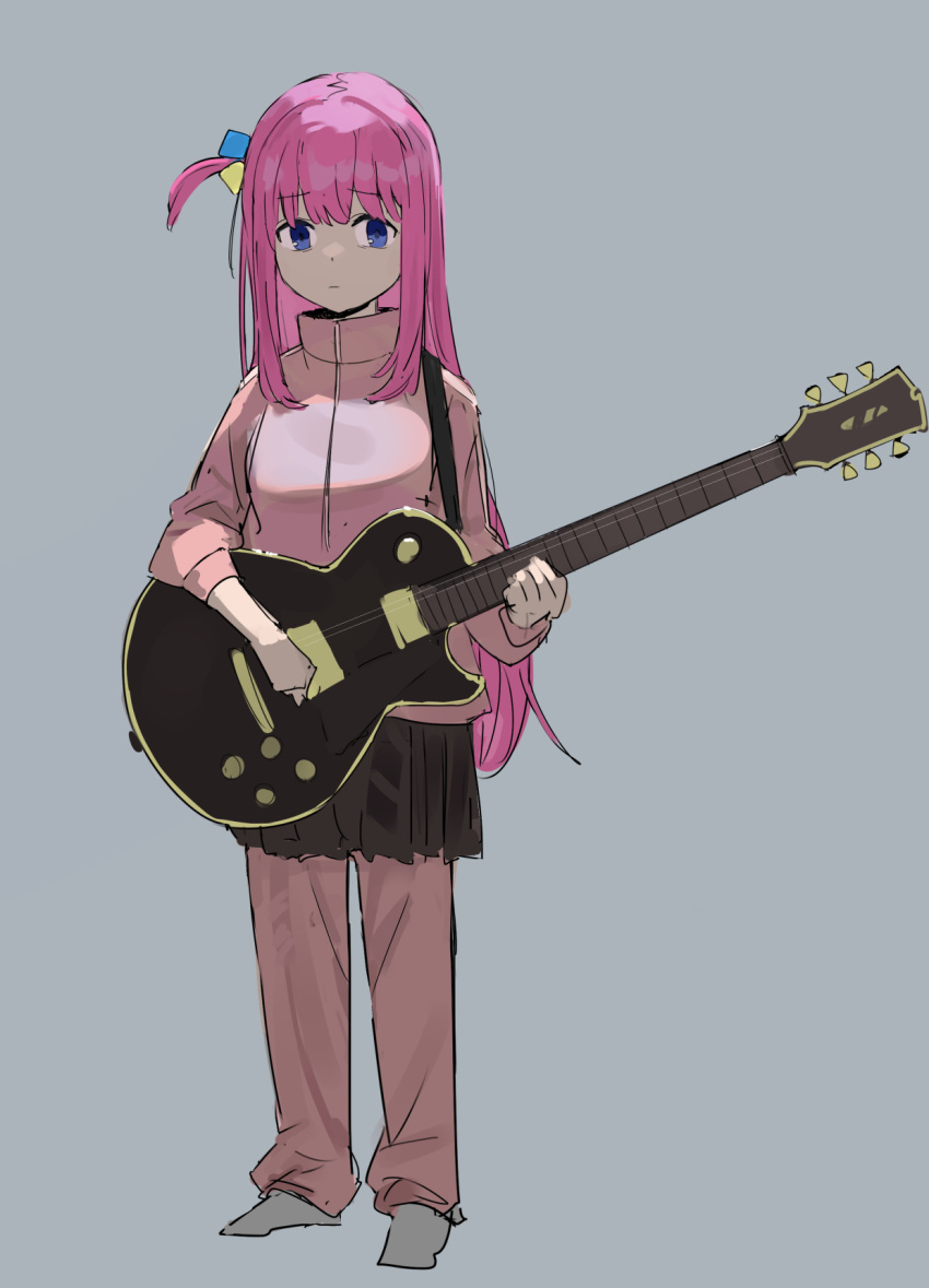 1girl bangs blue_eyes bocchi_the_rock! closed_mouth cube_hair_ornament electric_guitar gibson_les_paul gotou_hitori grey_skirt guitar hair_between_eyes hair_ornament hair_over_eyes highres holding holding_instrument instrument jacket long_hair one_side_up pants pants_under_skirt pikumin pink_hair pink_jacket pink_pants pleated_skirt simple_background skirt solo track_jacket track_pants