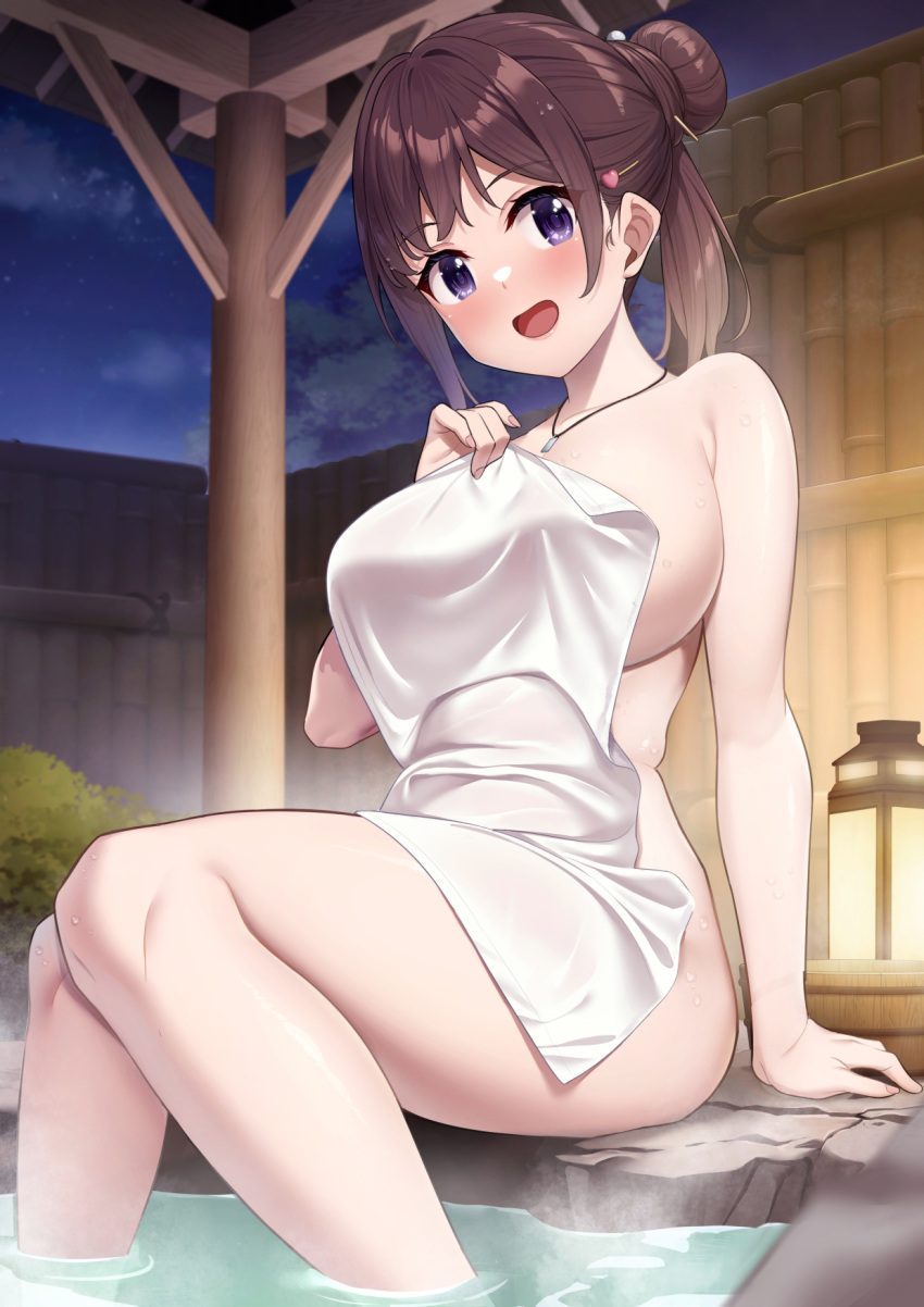 1girl :d arm_support bangs breasts brown_hair bush commentary_request fence hair_bun highres jewelry karaage_bou lantern large_breasts looking_at_viewer naked_towel necklace night nude onsen open_mouth original outdoors ponytail purple_eyes rock sidelocks sitting smile solo steam thighs towel wooden_fence