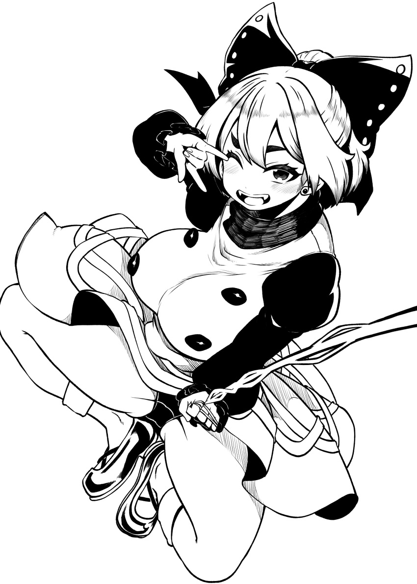 1girl absurdres arthropod_girl black_bow black_hair bow breasts buttons hair_bow highres himajin_noizu kurodani_yamame large_breasts long_sleeves monochrome one_eye_closed panties pantyshot ponytail short_hair solo spider_girl touhou turtleneck underwear