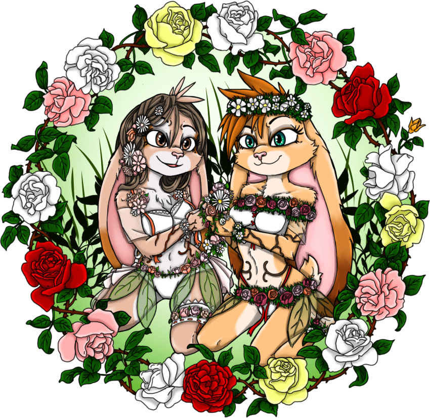 3_toes 4_fingers anthro ara_(arzmx) bad_guy_cafe brown_body brown_eyes brown_fur brown_hair duo feet female fingers flower fur green_eyes hair hi_res lagomorph leporid mammal ocerydia_zoona pink_body pink_fur plant rabbit rose_(flower) tan_body tan_fur toes ziegelzeig