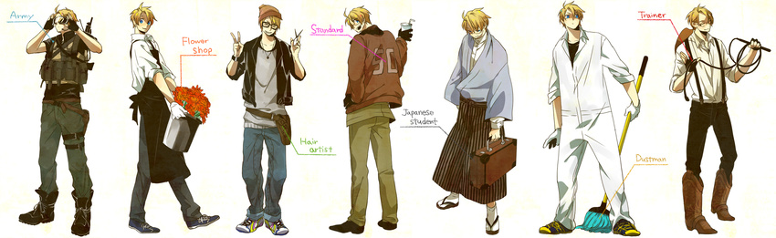 america_(hetalia) apron army axis_powers_hetalia beanie boots dustman flower flower_shop flowers glasses goggles hair_artist hat hetalia highres japanese_student long_image mop pouch sandals scissors shoes sneakers standard suit_case suitcase trainer whip wide_image