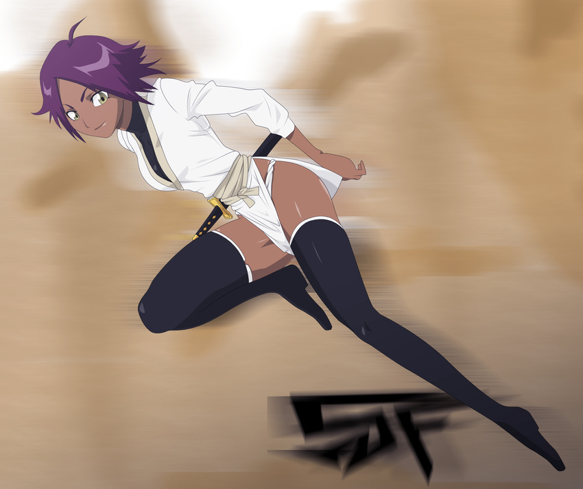 bleach dark-skinned_female dark_skin female full_body fundoshi gradient gradient_background highres purple_hair running shihouin_yoruichi short_hair smile solo stiky_finkaz sword thighhighs weapon yellow_eyes