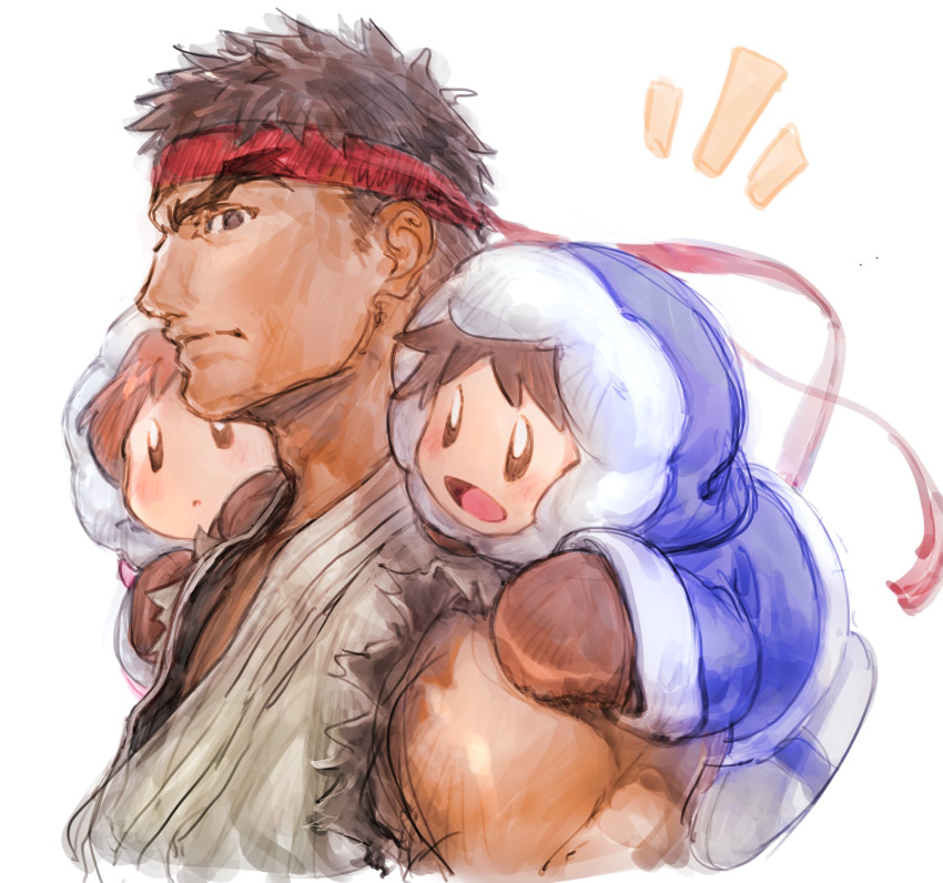 1girl 2boys black_hair blue_eyes brown_hair capcom dougi fur_trim gloves headband highres home_(houmei) hood ice_climber karate_gi male_focus multiple_boys muscle nana_(ice_climber) nintendo open_mouth popo_(ice_climber) ryuu_(street_fighter) short_hair simple_background smile street_fighter street_fighter_ii_(series) super_smash_bros. super_smash_bros._ultimate uniform winter_clothes