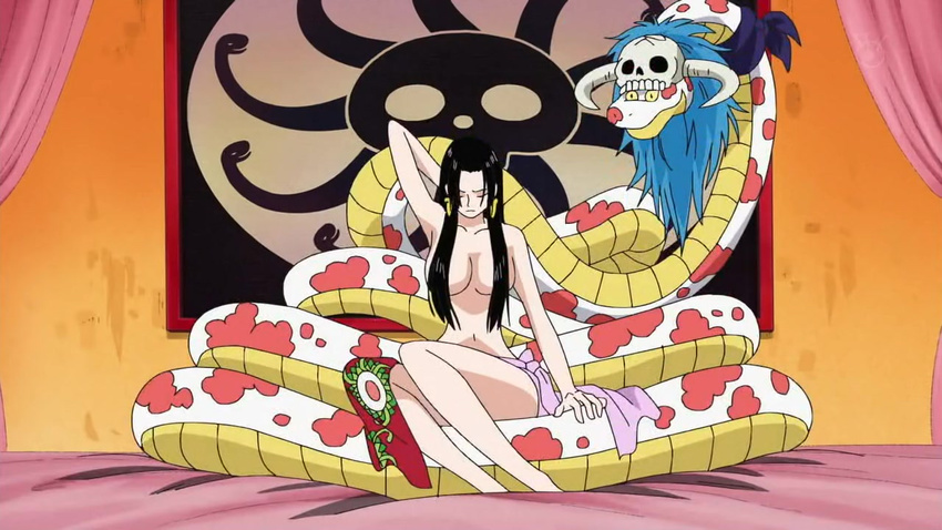 black_hair blue_eyes boa_hancock breasts censored cleavage convenient_censoring earrings hair_over_breasts jewelry large_breasts legs long_hair one_piece salome_(one_piece) snake thighs