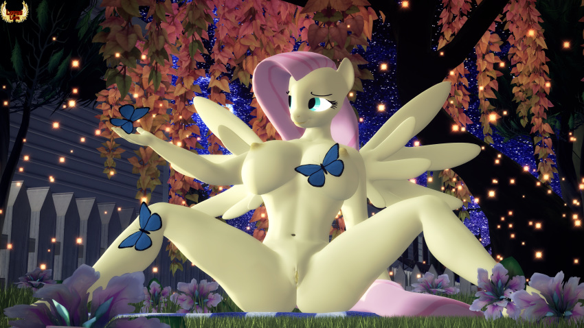 2019 3d_(artwork) anthro anthrofied arthropod big_breasts breasts butterfly digital_media_(artwork) equine female flower fluttershy_(mlp) friendship_is_magic insect lepidopteran loveslove mammal my_little_pony night nipples nude pegasus plant pussy sitting solo source_filmmaker star wings