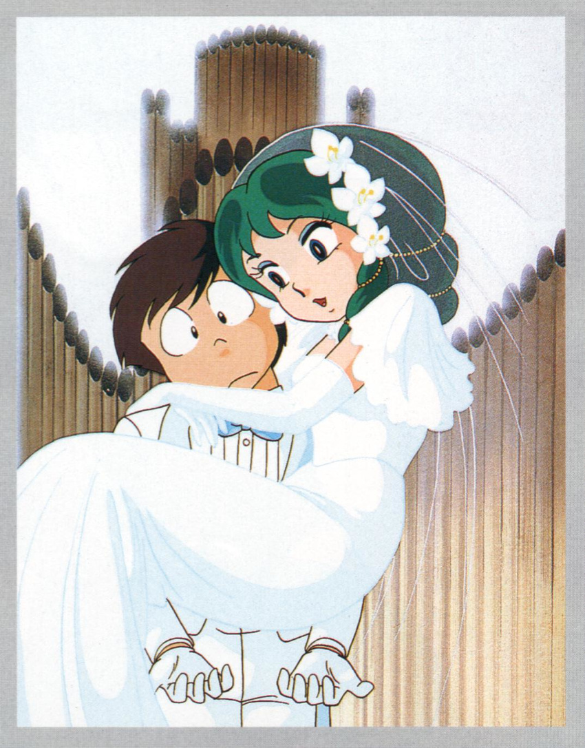 blue_eyes brown_hair couple dress flying green_hair highres horns instrument long_hair lum moroboshi_ataru oni pipe_organ scan smile urusei_yatsura wedding wedding_dress