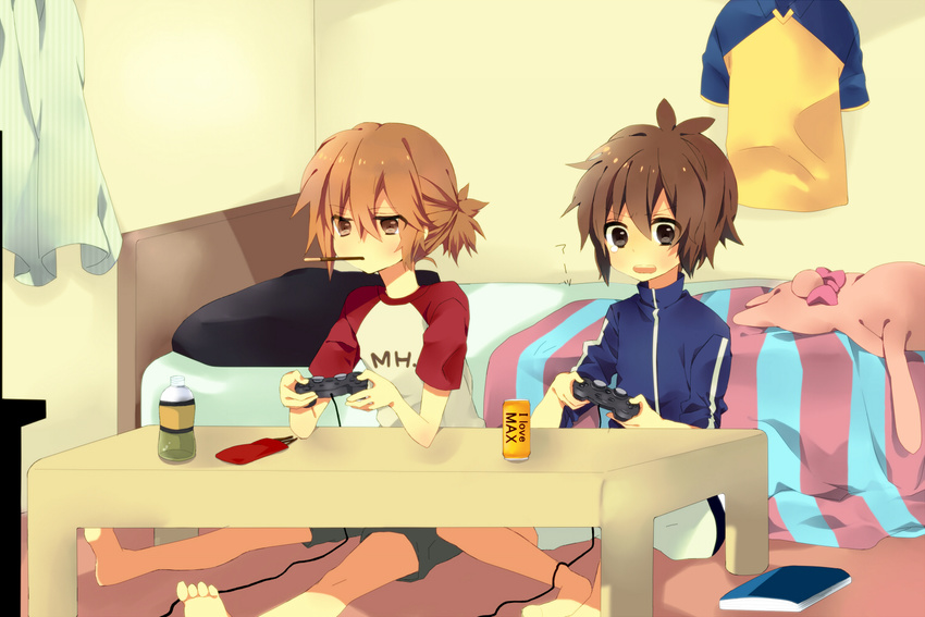 2boys bedroom brown_hair casual controller handa_shin'ichi handa_shinichi hat inazuma_eleven inazuma_eleven_(series) male male_focus matsuno_kuusuke multiple_boys open_mouth playstation ponytail table video_game videogame