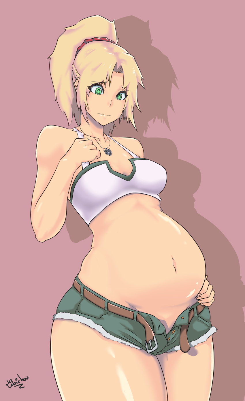 1girl absurdres blonde_hair fate_(series) green_eyes highres lebichou mordred_(fate) mordred_(fate)_(all) open_clothes open_pants ponytail pregnant short_shorts shorts solo