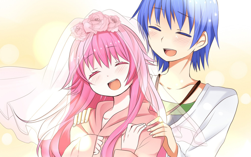 1boy 1girl bad_id blue_hair character_request copyright_request eyes_closed flower girl highres long_hair male open_mouth pink_hair rose roses smile tsukudani_norio