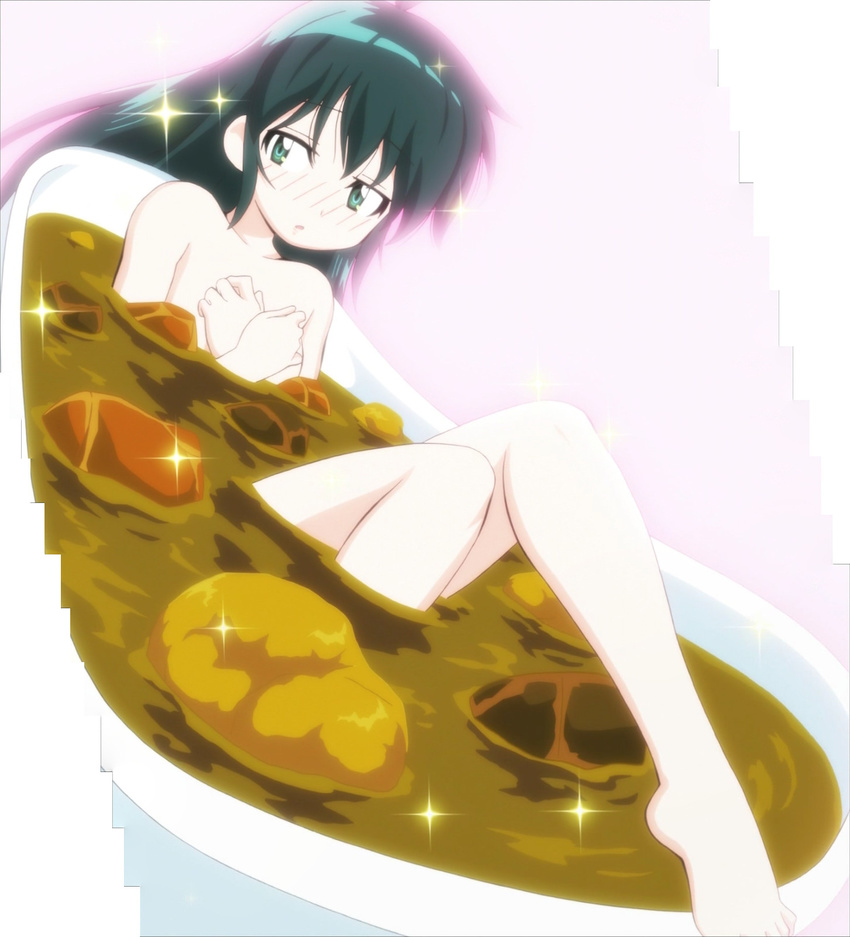 azumaya_koyuki bath black_hair blush curry food green_eyes highres keroro_gunsou long_hair