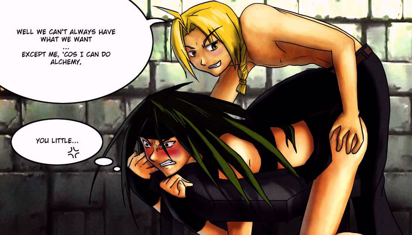 2boys angry ass bdsm belt black_eyes blonde_hair blush bondage braid clenched_teeth domination edward_elric envy envy_(fma) fullmetal_alchemist green_hair grin hand_on_ass headband homunculus incest long_hair midriff multiple_boys pants restrained shirtless single_braid skin_tight skort sleeveless speech_bubble thought_bubble topless yaoi yellow_eyes youre_gonna_get_raped