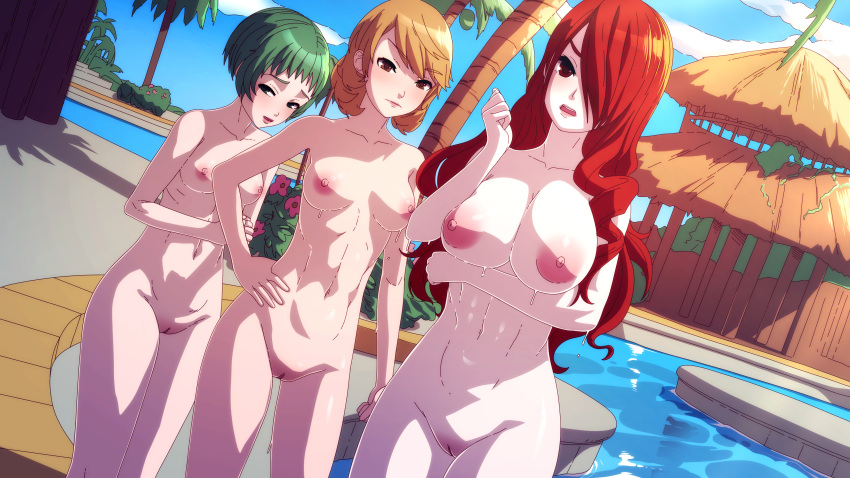 3girls absurdres arm_under_breasts blsh breasts brown_hair cleavage cloud day english_commentary green_eyes green_hair groin hair_over_one_eye hand_on_hip highres kirijou_mitsuru large_breasts lips lipstick long_hair looking_at_viewer makeup medium_breasts multiple_girls navel nipples nude outdoors parted_lips persona persona_3 pink_lips poolside pussy red_eyes red_hair short_hair sky small_breasts takeba_yukari teeth thigh_gap uncensored upper_teeth water yamagishi_fuuka